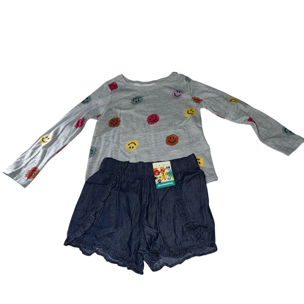 Garanimals Toddler Girls 3T Outfit Set Grey Smiley Face Top Denim Ruffle Shorts